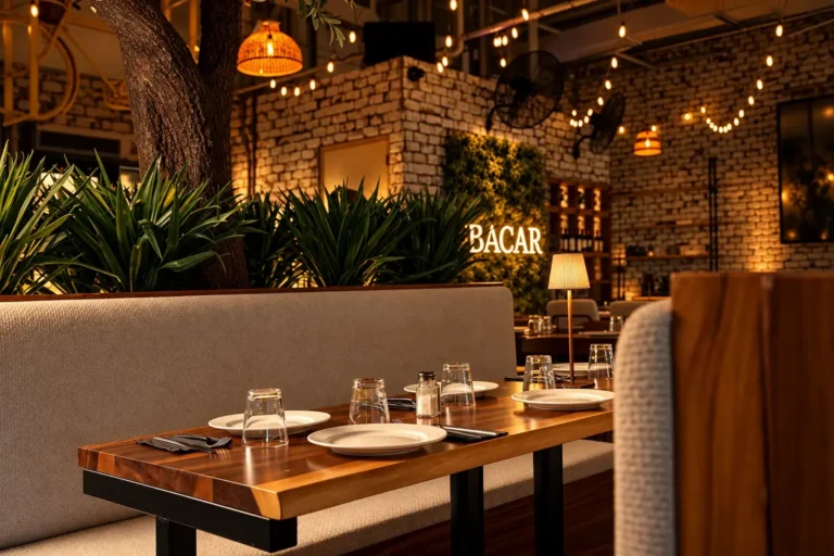 Warm-lit dining room and banquettes at BACAR