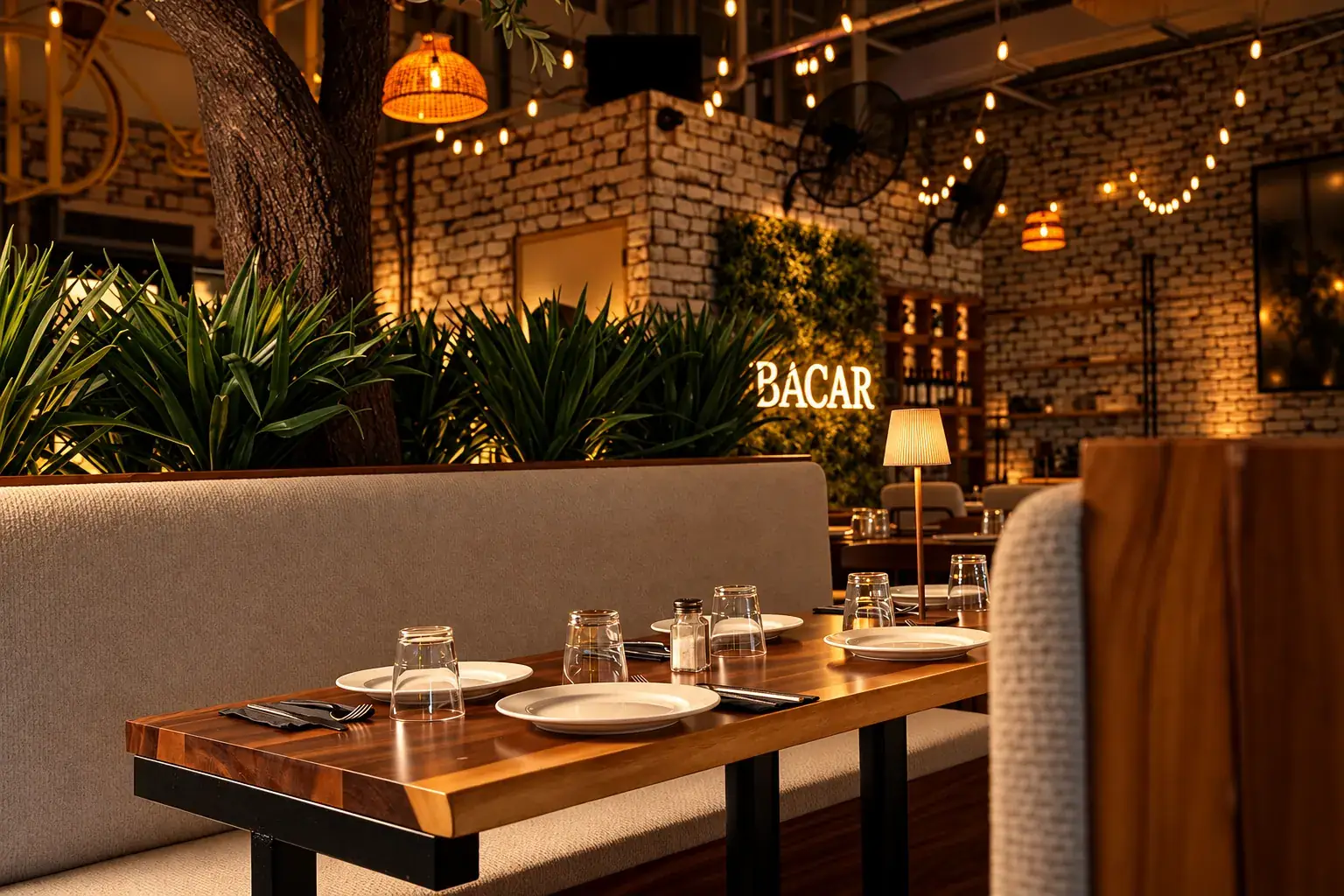 Warm-lit dining room and banquettes at BACAR