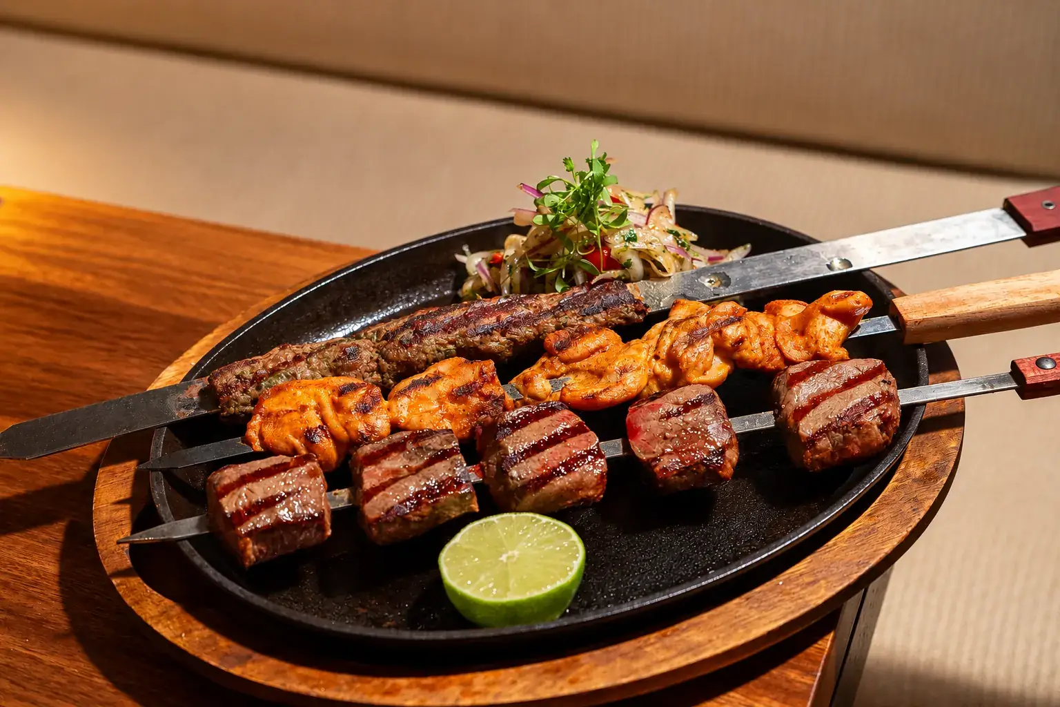 Grilled skewers platter with lime at BACAR
