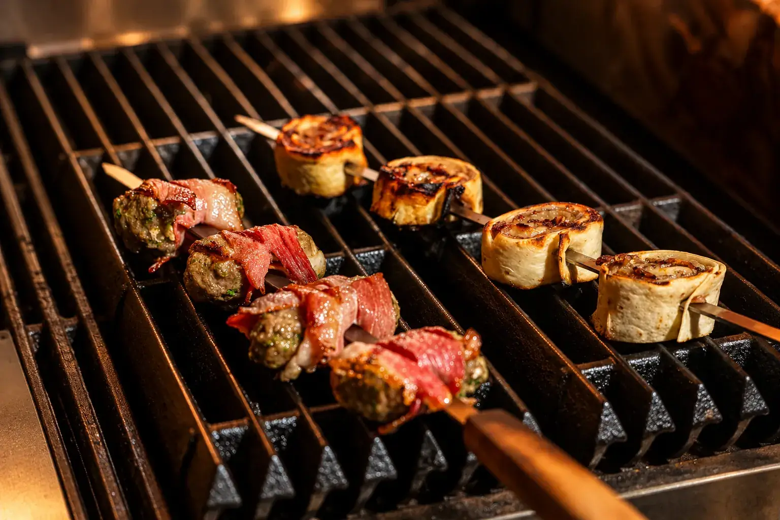 Kosher kebab skewers over the open grill at BACAR