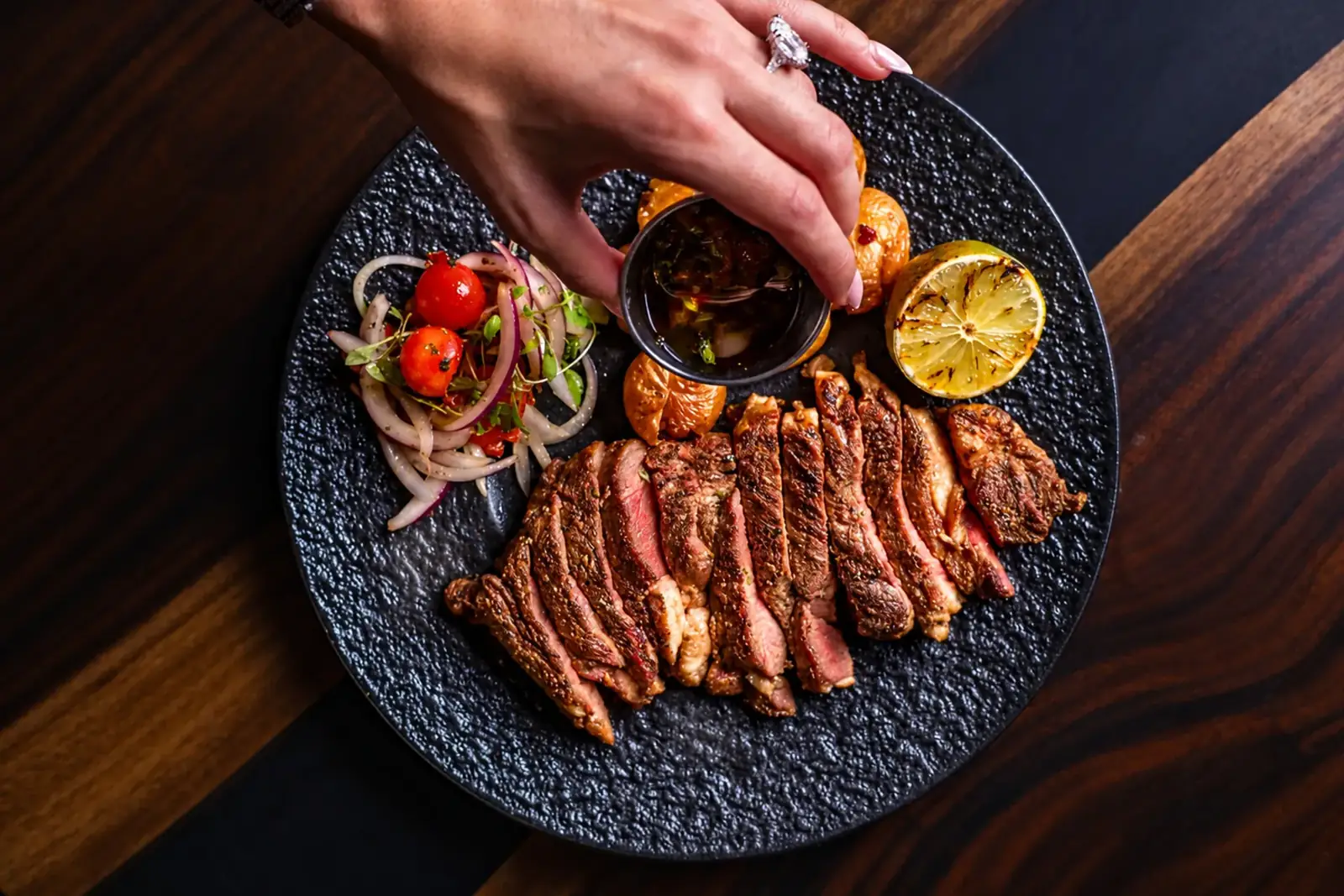 Sliced kosher steak at BACAR